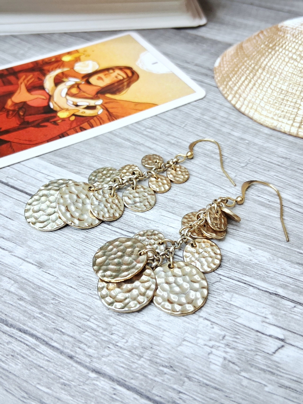 Gold Hammered Disc Drop Earrings - Women Jewelry